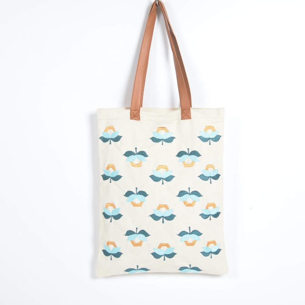 Floral bloom embroidered cotton tote bag